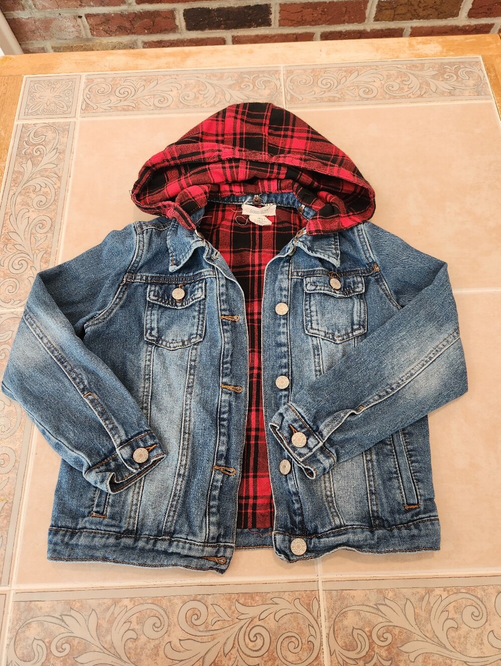 Girls Buffalo Plaid Hooded Jean Jacket